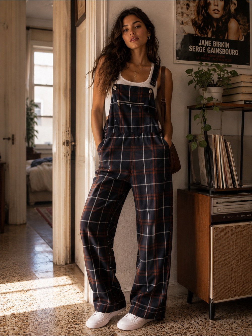 Stradivarius Plaid Check Wide-Leg Overalls Jumpsuit